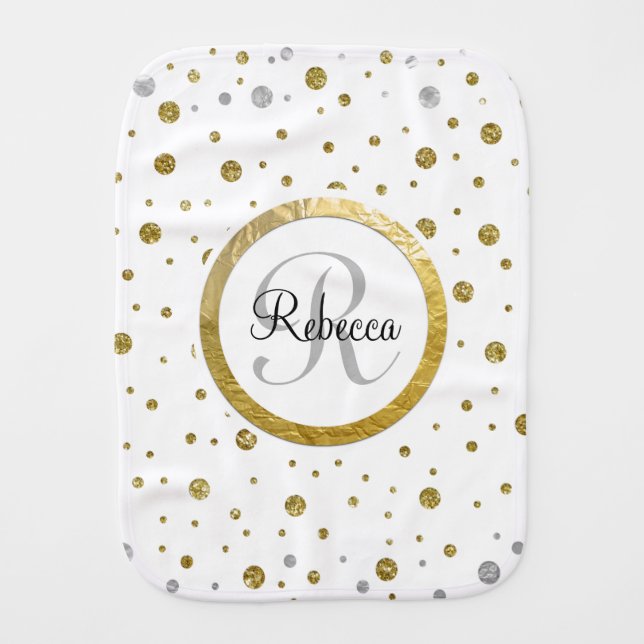 Monogram Gold Leaf Print Silver Confetti Burp Cloth (Front)