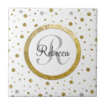 Monogram Gold Leaf Print Silver Confetti Ceramic Tile