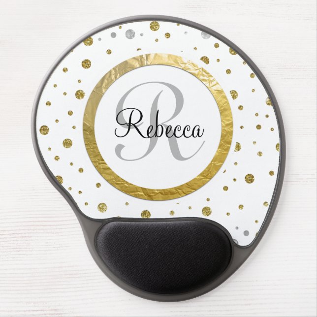 Monogram Gold Leaf Print Silver Confetti Gel Mouse Pad (Front)