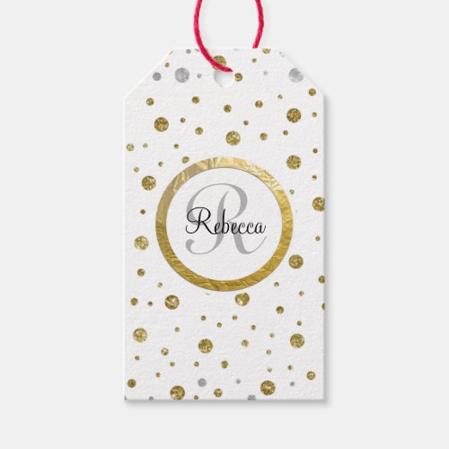 Monogram Gold Leaf Print Silver Confetti Gift Tags