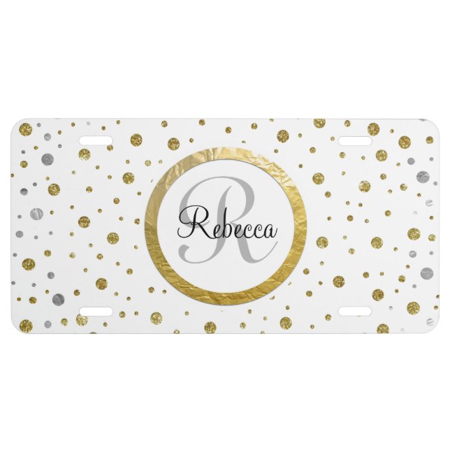 Monogram Gold Leaf Print Silver Confetti License Plate (Front)