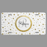 Monogram Gold Leaf Print Silver Confetti License Plate