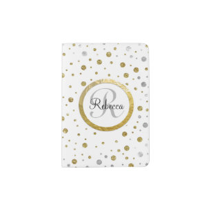 Monogram Gold Leaf Print Silver Confetti Passport Holder