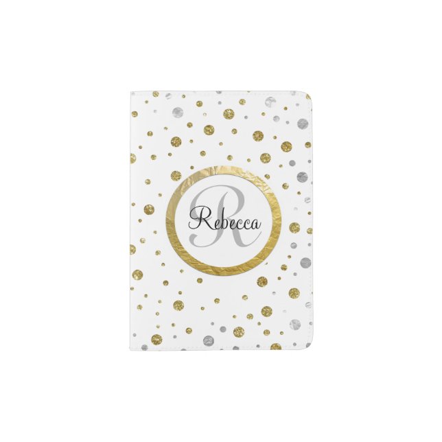 Monogram Gold Leaf Print Silver Confetti Passport Holder (Front)