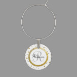 Monogram Gold Leaf Print Silver Confetti Wine Glass Charm