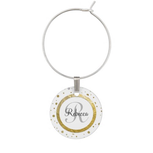 Monogram Gold Leaf Print Silver Confetti Wine Glass Charm