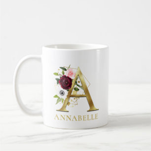 Monogram Gold Letter A Floral Pink Burgundy Name Coffee Mug