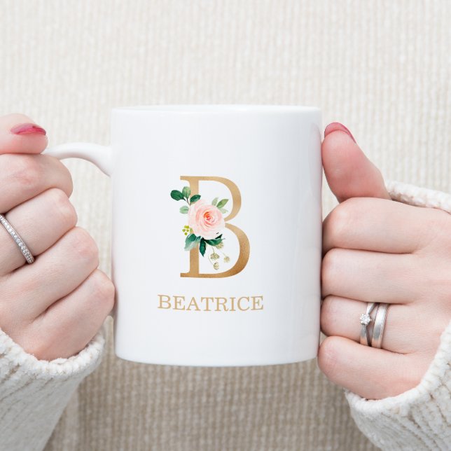 Monogram Gold Letter B | Floral Pink White Green Coffee Mug (Creator Uploaded)
