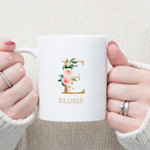 Monogram Gold Letter E  Floral Pink White Green Coffee Mug