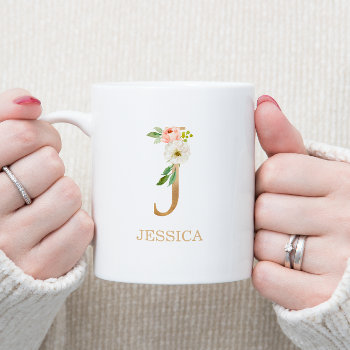 Monogram Gold Letter J | Floral Pink White Green Coffee Mug by CitronellaMonogram at Zazzle