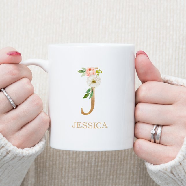 Monogram Gold Letter J | Floral Pink White Green Coffee Mug (Creator Uploaded)
