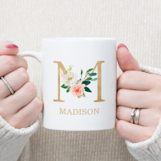 Monogram Gold Letter M | Floral Pink White Green Coffee Mug