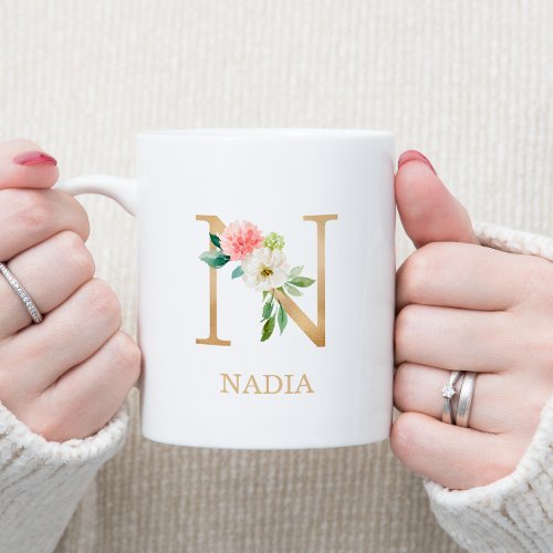 Monogram Gold Letter N  Floral Pink White Green Coffee Mug