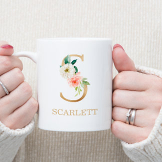 Monogram Gold Letter S | Floral Pink White Green Coffee Mug
