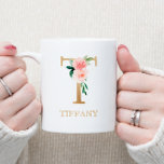 Monogram Gold Letter T | Floral Pink White Green Coffee Mug<br><div class="desc">Something as simple as a monogram has the power to transform an ordinary gift into an unforgettable keepsake A beautiful mug with watercolor pink and white flowers, roses and peonies and green leaves and faux gold foil letter "T". Add a thoughtful touch to create the perfect gifts for birthdays, anniversaries,...</div>
