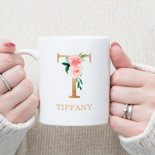 Monogram Gold Letter T  Floral Pink White Green Coffee Mug