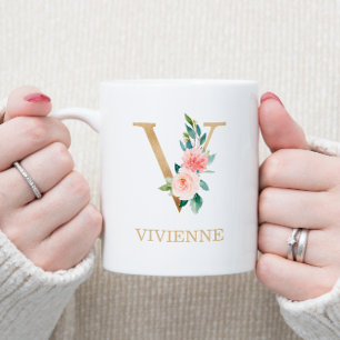 Monogram Gold Letter V Floral Pink White Green Coffee Mug