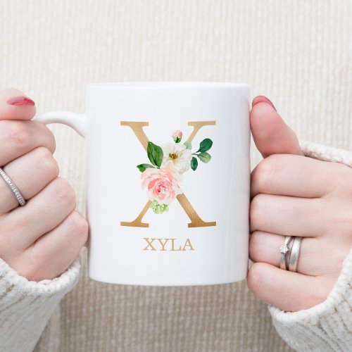Monogram Gold Letter X  Floral Pink White Green Coffee Mug