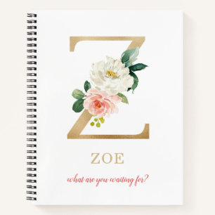 Monogram Gold Letter Z   Floral Motto or quote Notebook