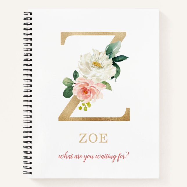 Monogram Gold Letter Z | Floral Motto or quote Notebook (Front)