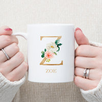 Monogram Gold Letter Z | Floral Pink White Green Coffee Mug