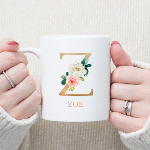Monogram Gold Letter Z  Floral Pink White Green Coffee Mug