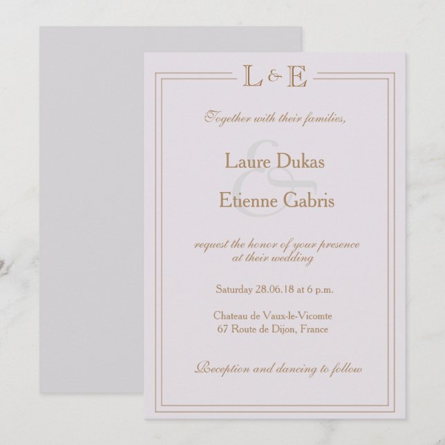 Monogram gold lilac gray ampersand modern wedding invitation (Front/Back)