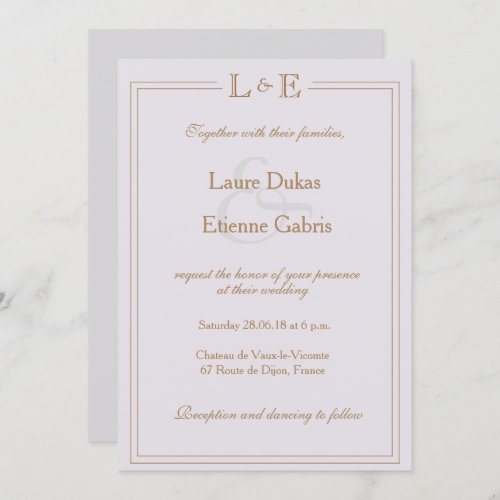 Monogram gold lilac gray ampersand modern wedding invitation