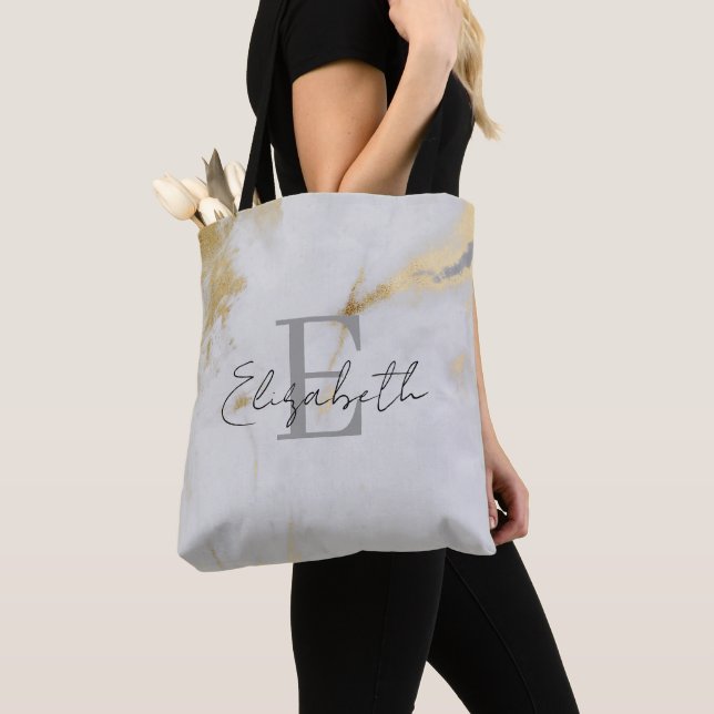 Monogram Gold Marble Gray Tote Bag (Close Up)