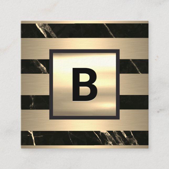 Monogram | Gold Metal Stripes | Black Gold Marble Square Business Card (Front)