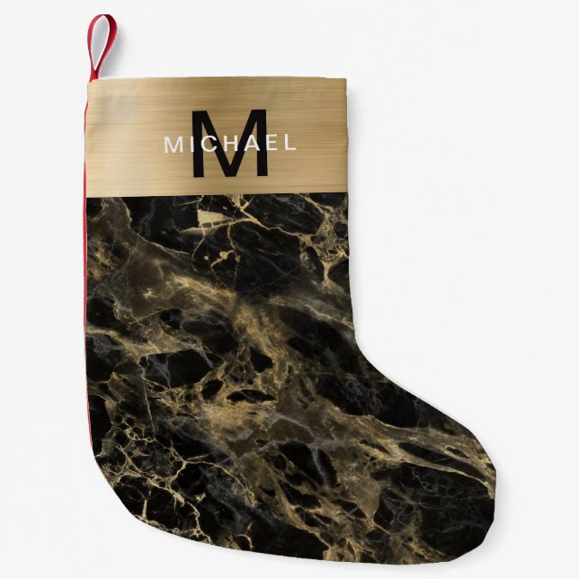 Monogram Gold Metallic Black Marble  Small Christmas Stocking (Front)