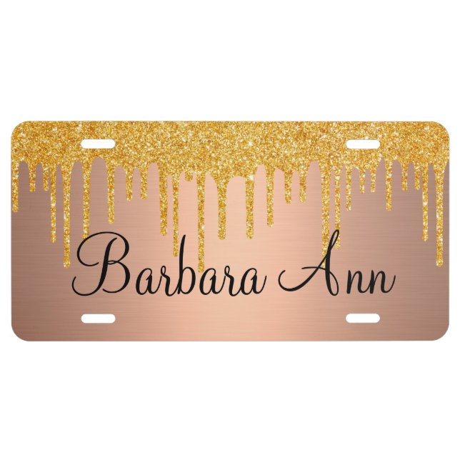 Monogram Gold Metallic Faux Glitter Drips License Plate (Front)