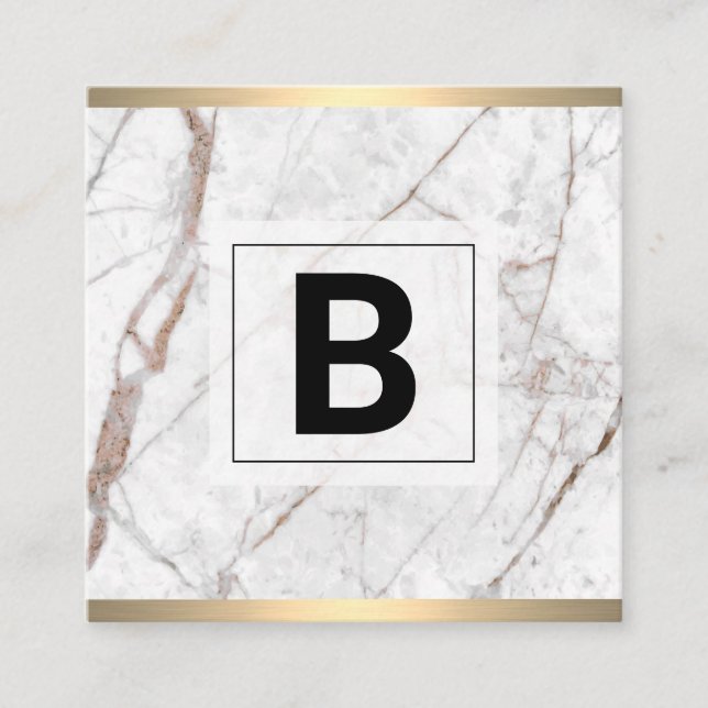 Monogram | Gold Metallic Trim | White Granite Square Business Card (Front)