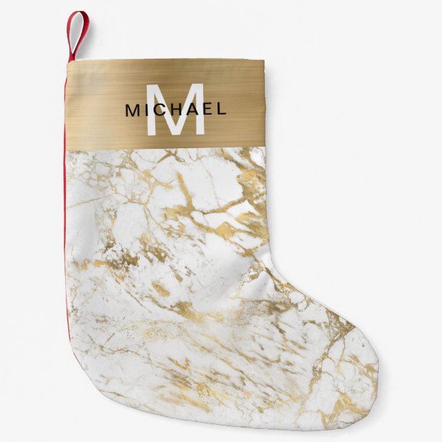 Monogram Gold Metallic White Marble Small Christmas Stocking (Front)