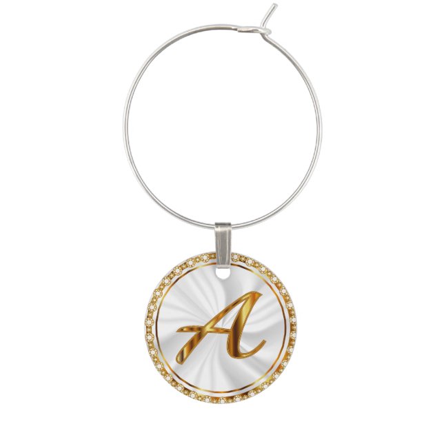 Monogram Gold Metallic with Faux Diamonds Wine Glass Charm (Front)