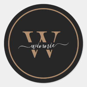 Monogram Gold Minimal Elegant Black Script Name Classic Round Sticker