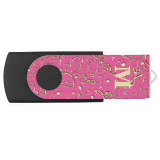 Monogram Gold Music Notes Pink USB Flash Drive