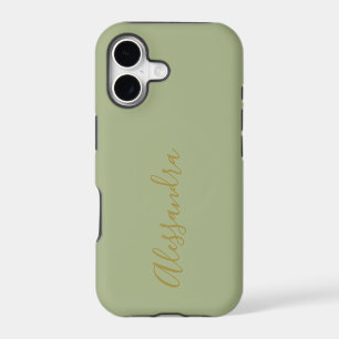 Monogram Gold Name Script Sage Green Minimalist iPhone 17 Case