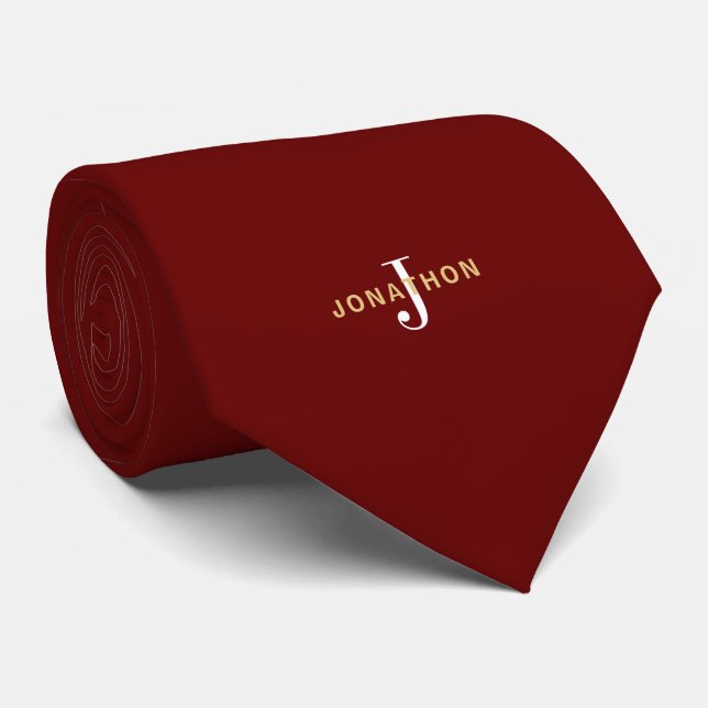 Monogram Gold Name White Initial Burgundy Neck Tie (Rolled)
