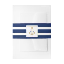 Monogram Gold Navy Blue Nautical Stripes Wedding Invitation Belly Band