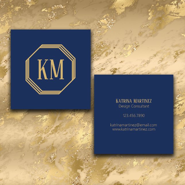 Monogram Gold Navy | Modern Minimalist Chic Square Business Card (Creator Uploaded)