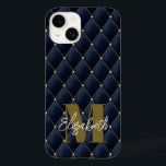 Monogram Gold Navy Pattern Case-Mate iPhone 14 Case<br><div class="desc">Personalized with your monogram and name, this elegant navy blue and gold stud accented quilted print pattern adds glamour to your phone case. Use on ANY cell phone style - just choose your MODEL. Create for yourself or give as a gift. Leave the text boxes empty for no personalization on...</div>