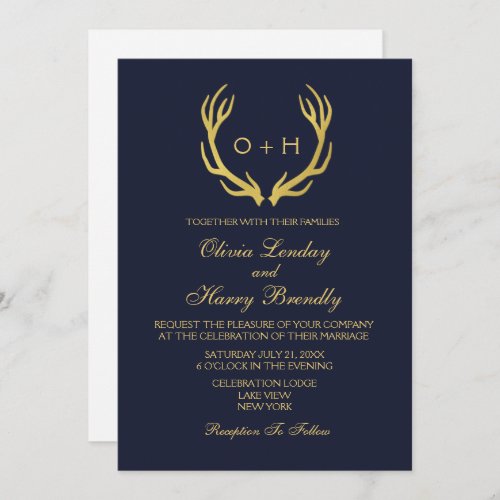 Monogram Gold Navy White Wedding Invitation