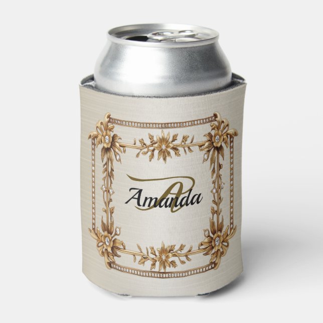 Monogram Gold Ornate Rectangle Dimond Flower Shiny Can Cooler (Can Front)