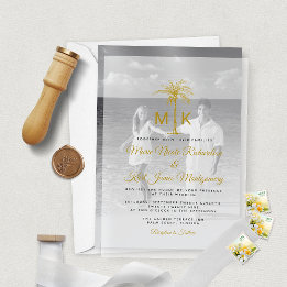 Monogram Gold Palm Tree Formal Beach Wedding Vellum Invitations