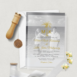 Monogram Gold Palm Tree Formal Beach Wedding Vellum Invitations
