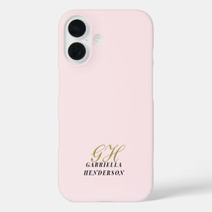 Monogram Gold Pastel Pink Black Minimalist Stylish iPhone 16 Case