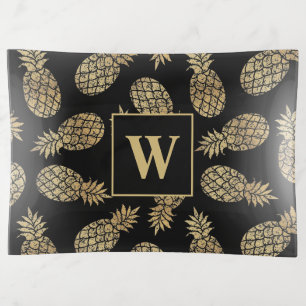 Monogram Gold Pineapple on Black Trinket Tray