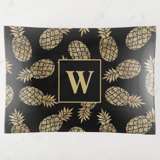 Monogram Gold Pineapple on Black Trinket Tray (Front)
