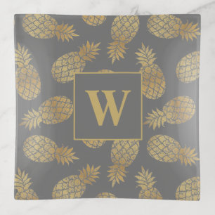 Monogram Gold Pineapple on Gray Trinket Tray